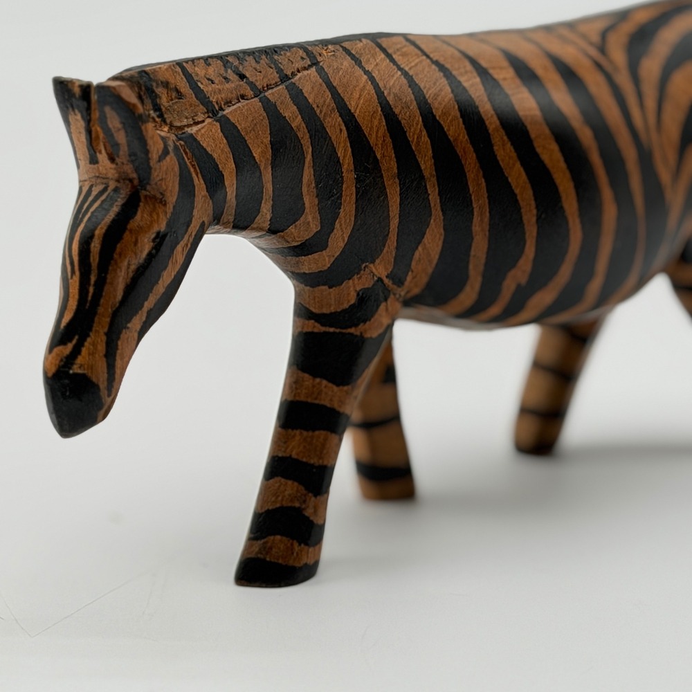 Hand Carved Wood Zebra Figurine Made in Kenya African Safari Folk Art 7.5 Inch